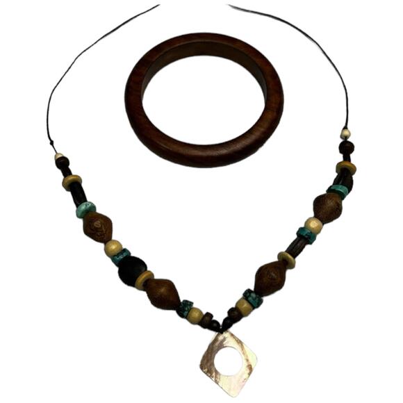 Handmade Bohemian Wood Beaded Necklace & Bangle Set Turquoise Brown Geometric - Picture 3 of 6